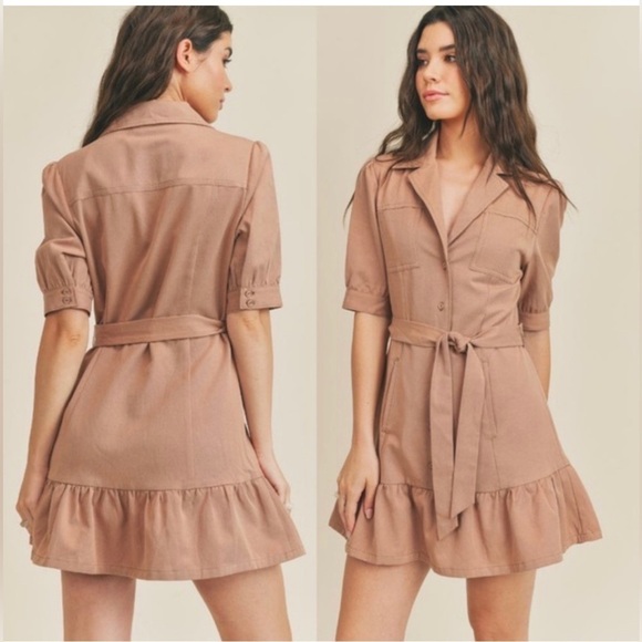 Sage Wayfarer utility mini dress women’s size small NO BELT EUC tan khaki short - Picture 1 of 7